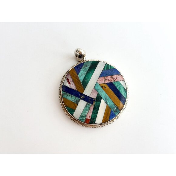 RARE & Stunning Gemstone Inlay Geometric Southwest Artisan 925 Vintage Pendant - Picture 4 of 10